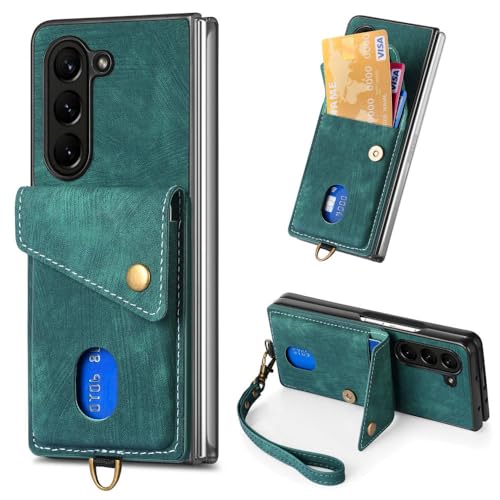 Étui cuir rétro Galaxy Z Fold 5 vert avec dragonne pour vos déplacements quotidiens
