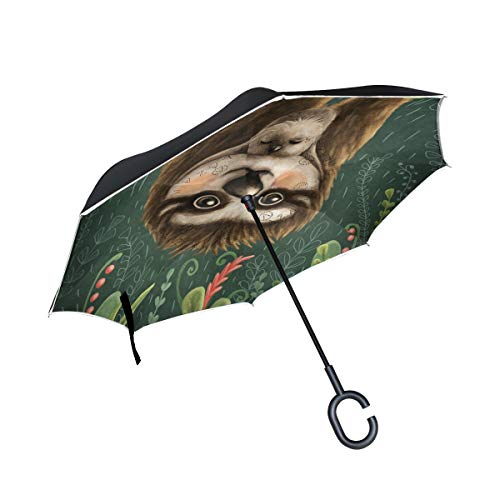 Preisvergleich Produktbild XiangHeFu Doppelschicht-Umkehrregenschirme Jungle Mother and Sun Animal Sloth Folding Winddichter UV-Schutz Big Straight für Autos mit C-förmigem Griff