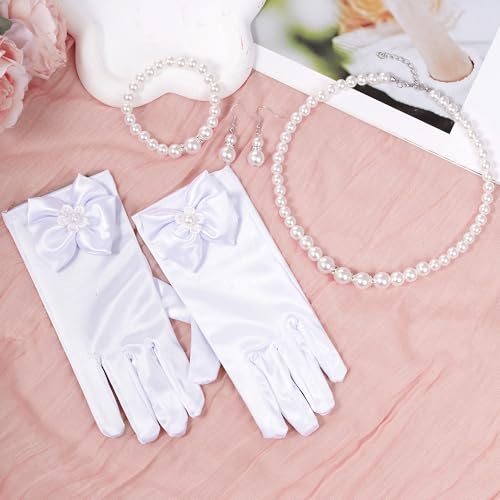 4Pcs First Communion Set White Pearl Necklace Communion Gloves Earrings Bracelet for First Communion Tea Party Wedding Accessories4