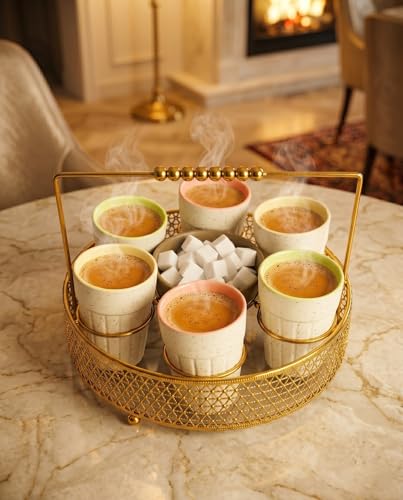 Image of Cutting Chai Glasses with Metal Holder Stand, Ceramic Glasses with Sugar Bowl for Serving Tea, Coffee, Lassi - 23 CM Diameter
