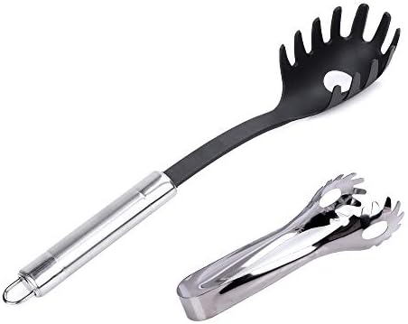 Choppie Spaghetti Spoon, Non Stick Pasta Scoop and Food Serving Tong Set, High Heat Resistant Spagetti Scooper Black, Food Grade Polypropylene Plastic Pasta Spoon with Rustproof Stainless Steel Handle