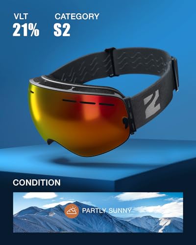 Image of ZIONOR X Ski Snowboard Snow Goggles OTG Design for Men Women with Spherical Detachable Lens UV Protection Anti-Fog (VLT 21% Black Frame Grey Revo Red Lens)