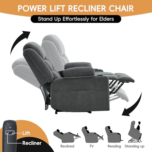Image of Power Lift Recliner Chair for Elderly Adults with Massage and Heat, Fabric Electric Recliner Sofa with Side Pocket, Two Cup Holders for Living Room L9912 (Dark Grey)