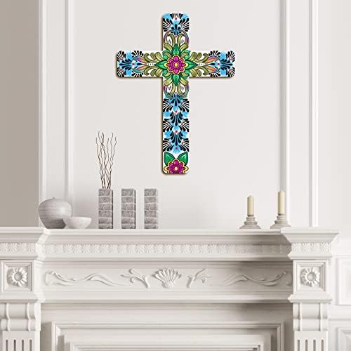 Maitys Hand Painted Floral Cross Wall Decor Decorative Inspirational Wooden Cross Spanish Style Wall Cross Mexican Art Wall Decor Mexican Crucifix for Church Home Room Decoration (Cute Style)