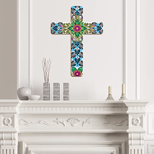 Floral Cross Wall Decor Hand Painted Decorative Inspirational Wooden Cross Spanish Style Wall Cross Mexican Art Wall Decor Mexican Crucifix For Home Room Church Decoration (Cute Style) #TOP4