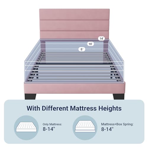 Allewie Twin Size Platform Bed Frame with Velvet Upholstered Headboard and Wooden Slats Support, Fully Upholstered Mattress Foundation/No Box Spring Needed/Easy Assembly, Pink