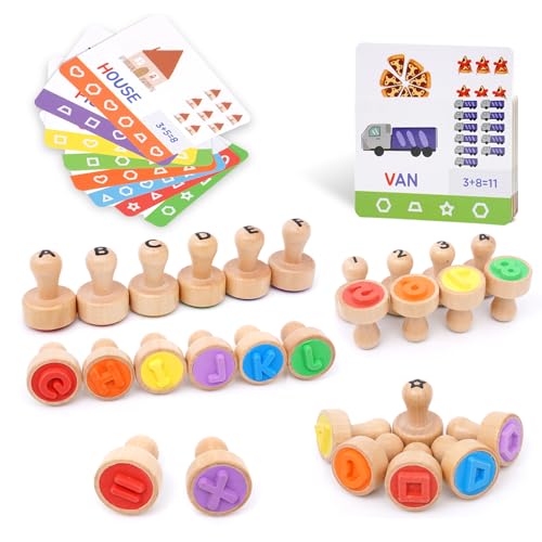 Letter Number Stamps for Kids, Wooden Alphabet ABC Spelling Mathematics Stampers Set with Flashcard for Kids Birthday Gifts, Thanksgiving Christmas Party Supplies Educational Montessori Toy