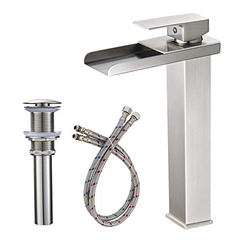 BWE Vessel Sink Faucet with Drain Assembly and Supply Line Single Hole Single Handle Lavatory Waterfall Bathroom Faucet Mixer Tap Tall Body Brushed Nickel