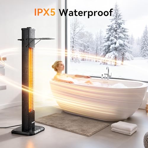 VAGKRI Outdoor Electric Patio Heater, 1500W 36\" Infrared Heater with 2 Heat Tube, 3 Levels, Tip-Over&Overheat Protection, IPX5 Waterproof Tower Electric Patio Heater for Outdoor Indoor, Backyard, Room