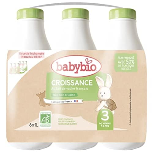 Babybio Lait Croissance Liquide - 3ème âge dès 10 Mois - 6x1L - BIO Fabriqué en France & Lait français - Formule PREMIUM : DHA/ARA
