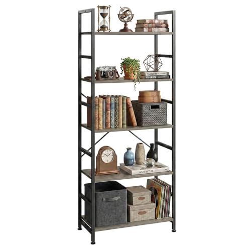 Image of HealSmart 5 Tier Bookshelf, Free Standing Book Shelf Home Office Bookcase Shelf Storage Organizer for Bedroom, Bathroom, Living Room, Office, Balcony, Gray Wood