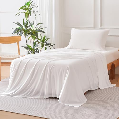 Image of Amazon Basics Jersey Knit 3-Piece Sheet Set, Wrinkle Free and Easy Fit, Includes 16 inch Deep Pocket Fitted Sheet, 1 Flat Sheet and 1 Pillowcase, Twin, White