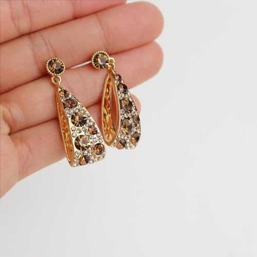 JeanBeau Gold Chunky Geometric Hoop Dangle Drop Earrings for Women, Large Statement Brown Rhinestone Circle Round Earing Dangling Prom Wedding Fashion Jewelry Gift.3