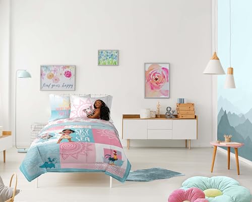 Image of Disney Moana Queen Comforter Set 7 Piece Kids Bedding for Girls, Multi | Bed in a Bag, Comforter Sheets Shams Pillowcases, Official Brand, Soft Microfiber, Machine Washable, Girls Gift