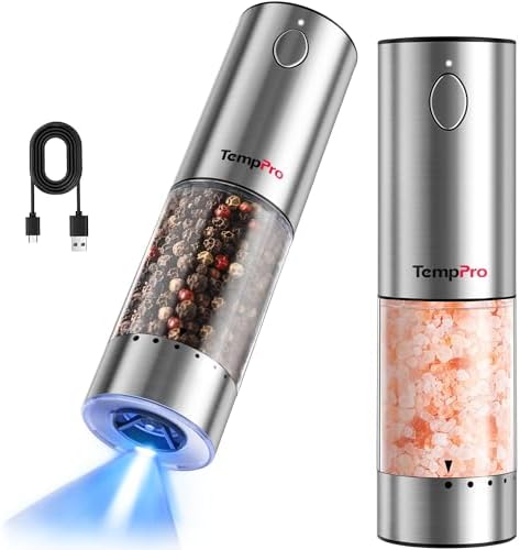 TempPro 100ml Electric Salt and Pepper Grinder Set Rechargeable, ...