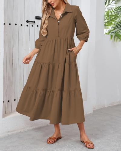 Image of Women Button Down Maxi Shirt Dress Long Sleeve Flowy Tiered Collared Dresses with Pockets