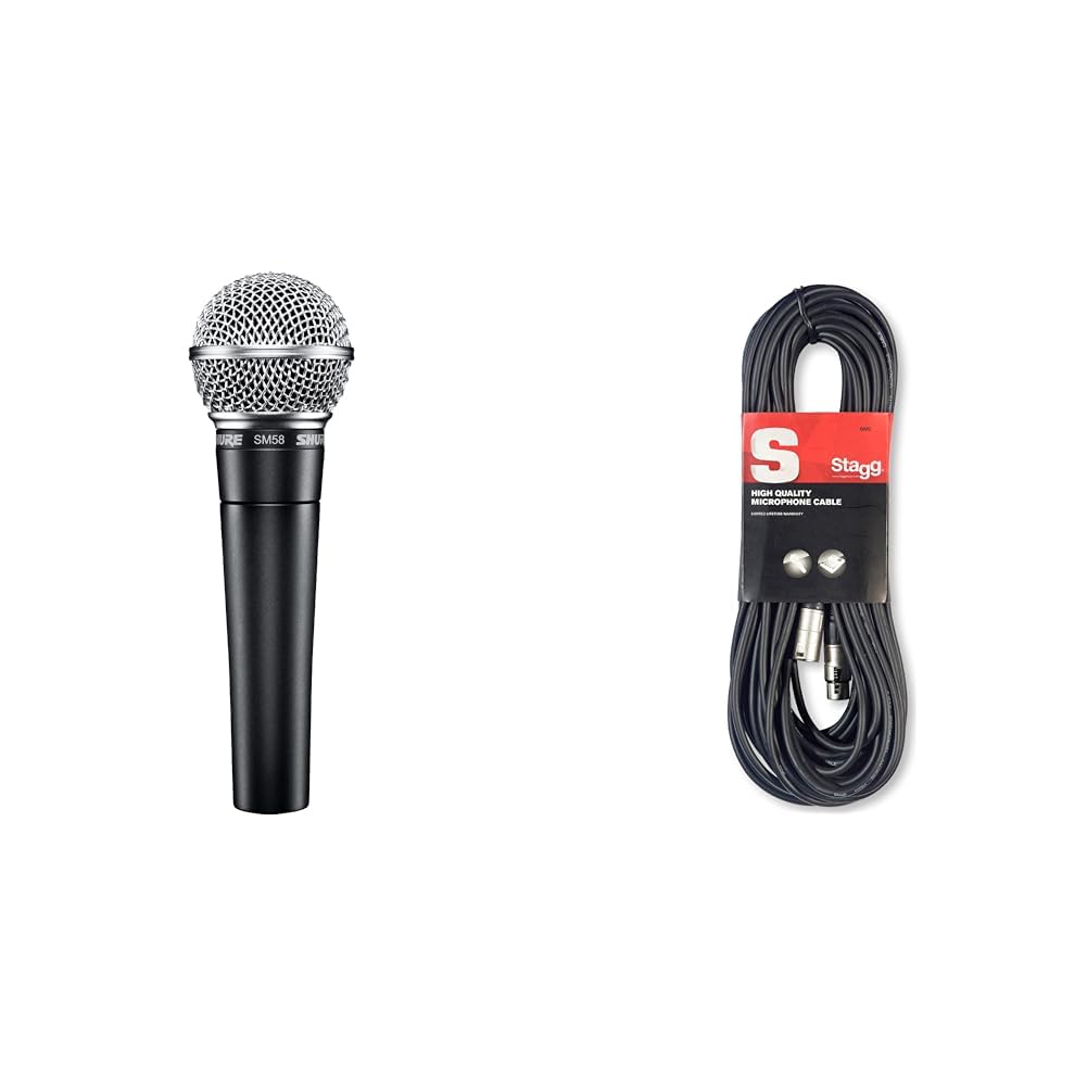 Shure SM58 Dynamisches Gesangsmikrofon mit Nierencharakteristik, pneumatischer Stoßdämpfer & Stagg SMC10 Mikrofon-Kabel 10m, XLR-Buchse-auf-XLR-Stecker