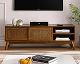 LKTART 59 Inch Mid Century Modern TV Stand with Rattan Doors, Entertainment Center Media Console for 55/60/65 inch TV, Boho/MCM Television Stand for Living Room/Bedroom, Light Wood