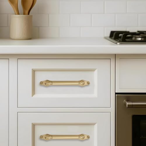 khtumeware 5 Pack 5 Inch Hole Center Brushed Brass Cabinet Pull with Backplate Solid Heavy-Duty Handles with Base Plate Cabinet Pulls for Drawer Sliding Door Charcuterie Board