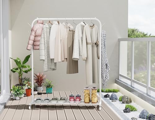 HOMIDEC Clothes Rail, Portable Clothes Rack with Hook and Metal Storage Shelf, Heavy Duty Clothes Rail on Wheels, Clothes Rails for Bedroom, Hanging Rails for Clothes, Holds up to 40 kg, White - Image 5