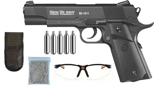 Pack Pistola Aire Comprimido Gamo Red Alert RD-1911 CO2 | Pistola Balines 4.5mm BBS + Tarjeta DE Armas + Funda + Gafas + Balines + 5 Bombonas