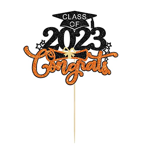 1Pc Class Of 2023 Cake Topper Glitter Congrats Grad Cap 2023 Graduation Cake Pick For 2023 Graduation Theme High School Boys Girls Graduate Party Cake Decorations Supplies Black Orange #TOP2