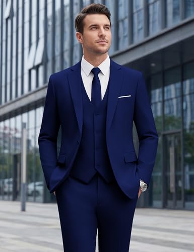 Image of WULFUL Men's Slim Fit Suit One Button 3-Piece Blazer Dress Business Wedding Party Jacket Vest & Pant
