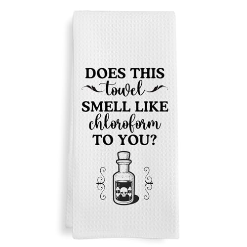 GWFSJYU Does This Towel Smell Like Chloroform to You Dish Tea Towels for Kitchen, Funny Kitchen Towels, Humorous Decorative Hand Towel for Bathroom, Funny Bathroom Decor, 16x24 Inch