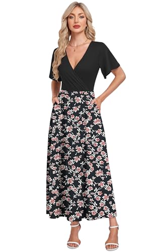 AUSELILY Boho Kleid Damen Lang Bodenlang Hohe Taille Lässiges Lockeres Sommerkleid mit Taschen Schwarz Rot Blume 2XL 6