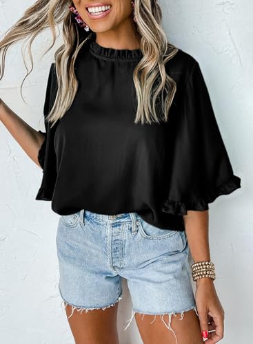 EVALESS Summer Outfits for Women Crewneck Bell Sleeve Tops with Ruffled Trim Cute Shirts Casual Loose Fit 20252