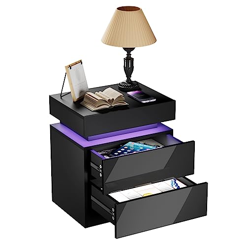 Mesita de Noche Negro con Luz LED Mesitas de Noche Frontal de Alto Brillo Mesilla de Noche con 2 Cajones y Mando a Distancia Almacenamiento extra en la Solapa para Salón Dormitorio 45x35x52cm