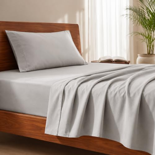 Image of LANE LINEN 100% Organic Cotton Bedsheet for Single Bed - Silver | GOTS Certified, Percale Weave, 60x90 inches, Soft & Breathable, Machine Washable, Includes 1 Pillow Cover
