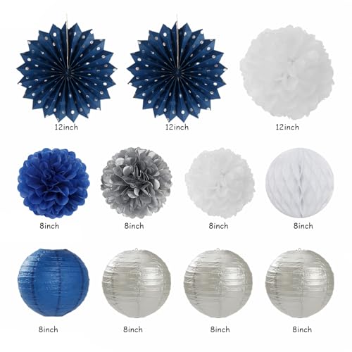 2026 Class Graduation Party-Decorations Banner-Streamers - 21pcs Navy Blue White Silver Congratulations Grad Backdrop Decor,Tassel Garland,Tissue Pom Poms Honeycomb,Paper Lantern Fans Hugtmr by Hugtmr - Used condition - Image 3
