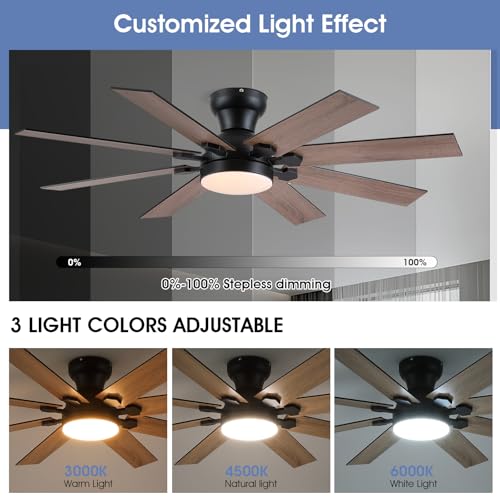 Image of 52 inch8-Blade Black Modern Low Profile Ceiling Fans with Lights and Remote /APP | Supports Remote and APP,6 Wind Speeds, Reversible, Dimmable 3CCT LED Light, 30W Quiet DC Motor,2H Timer,8 Double-Sided Blades
