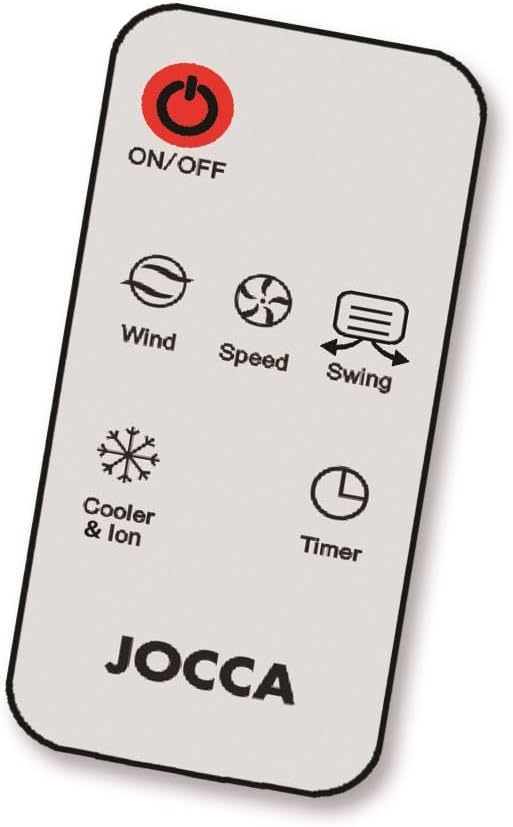 Jocca Air Cooler remote control with buttons for ON/OFF, Wind, Speed, Swing, Cooler & Ion, and Timer.