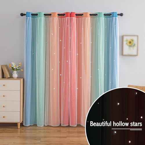 Image of indistar Colourful Stripe Star Cut-Out Blackout Curtains for Bedroom,2 Layers Mix Design of Fabric & Tulle,Pretty Window Curtain for Kids Room 1 Panel (W52 x L95 Rainbow)