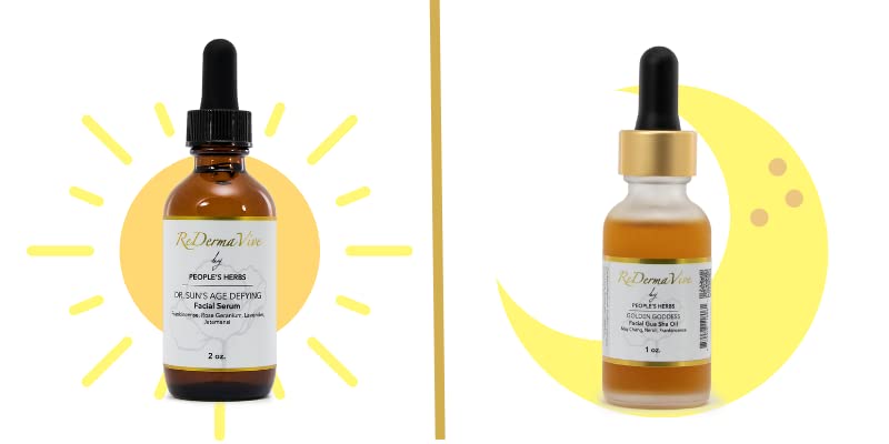Blue Poppy Day & Night Age Defying Duo: Dr. Sun's Age Defying + Golden Goddess Gua Sha Face Oil - ReDermaVive by People's Herbs