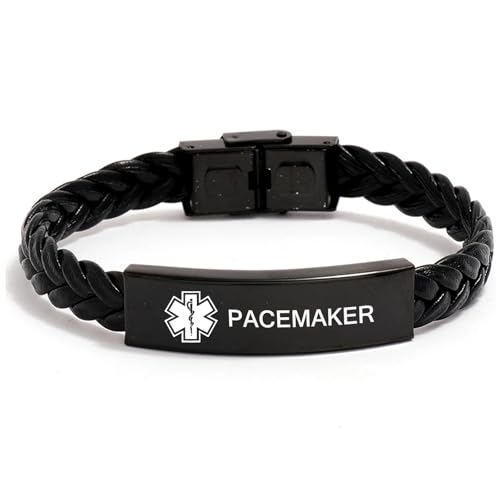 KAIMINGXUAN Medical Symbol Awareness Braided Leather ID Bracelet For Women Men,SOS Emergency Health Life Alert Engraved Stainless Steel Jewelry (PACEMAKER)