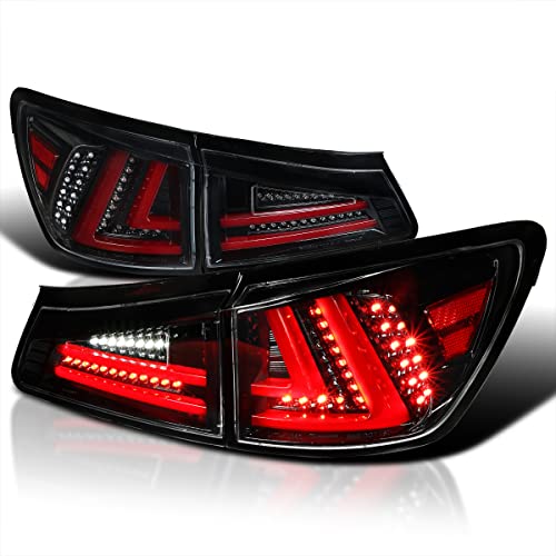 Spec-D Tuning Jet Black Housing Clear Lens Red LED Bar Tail Lights Compatible with 2006-2008 Lexus IS250 IS350 Left + Right Pair Assembly