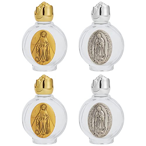 WEBEEDY 4 Pcs Glass Holy Water Bottle, Our Lady of Guadalupe Mary Small Holy Water Bottles for Easter Day Essential Oil Bottles Baptismal Gifts Decor Water Bottle Church Home Decor(Gold, Silver)