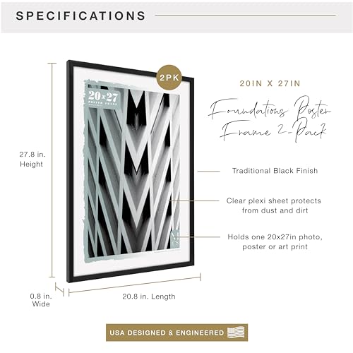 Image of MCS Foundation 20x27 Poster Frame Traditional Black, Vertical & Horizontal Wall Hanging Large Picture Frame for Photos, Posters & Art Prints (2-Pack)