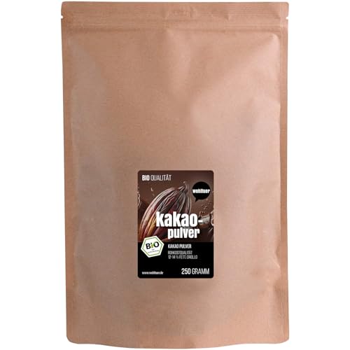 Wohltuer Bio Rohkakao Pulver 250g – Rohkostqualität, Naturbelassen & Ungeröstet, Vegan, Superfood Kakao aus Peru & Ecuador, Ungesüßt, Für Smoothies, Desserts & Backen