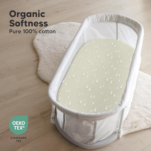 Image of 2-Pack Organic Bassinet Sheets for Girls, Boys - 100% Cotton Bassinet Mattress Sheets Compatible with Halo Bassinest Swivel Sleeper, Graco, Baby Delight, Chicco, Fitted Bassinet Sheets (Pine Grove)