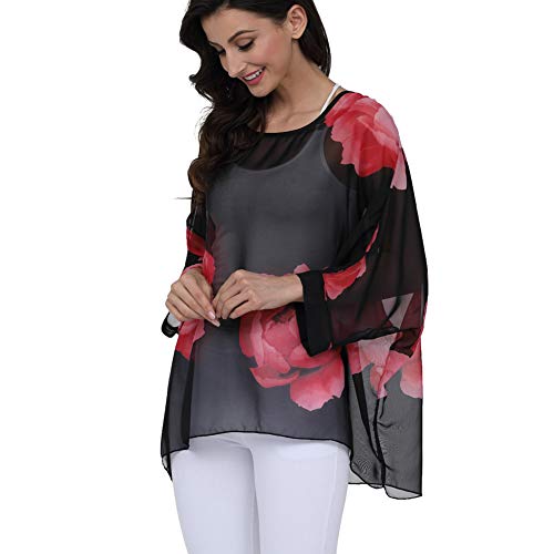 Image of Ckikiou Plus Size Batwing Flowy Semi Sheer Chiffon Blouse Tunic for Women Summer Floral Print Boho Beach Cover ups