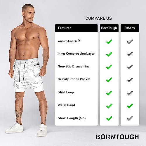 Born Tough 2 In 1 Gym Workout Shorts, 5” Inseam Athletic Bodybuilding Shorts For Men, Cargo Running Shorts With Liner Pocket (As1, Alpha, L, Regular, Regular, White Camo) #TOP3