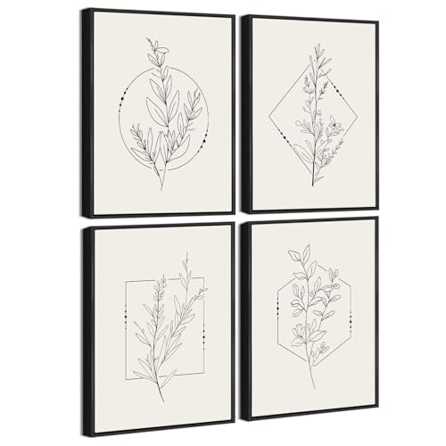 Drsoum Arte de parede emoldurada com flores botânicas, minimalistas, estéticas, florais, quinta, plantas retrôs, casa de banho, cozinha, decoração de casa, pronto para pendurar, 20 x 25 cm x 4 peças