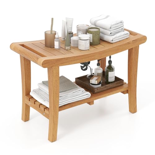 Giantex Teak Wood Shower Bench - 30 Inch Waterproof Shower Stool with Storage Shelf & Curved Seat for Inside Shower, Shaving Legs, Bathroom Stool for Elderly Seniors, Spa Bathing Step Foot Rest