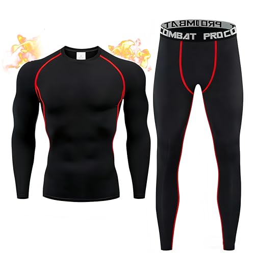 SIEANE Thermal Underwear for Men, Mens Long Johns Thermal Underwear Set, Fleece Lined Base Layer for Cold Weather (Red Line,L)