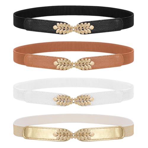 WERFORU 4 Pack Women Skinny Elastic Belts Ladies Fashion Stretchy Thin Waist Belt for Dresses Pants Black/White/Brown/Gold