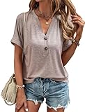 Halife Womens Casual Short Sleeve Top V Neck Cotton Stretch Tshirt Summer Loose Fitting T Shirts Brown XL